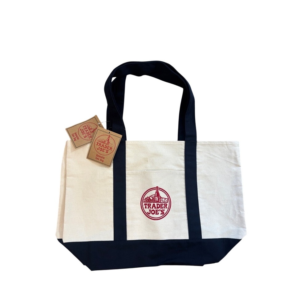 Trader Joe's Reusable Canvas Tote Bag Navy Blue Cream Cotton Grocery 2 Pack NWT - Picture 2 of 5